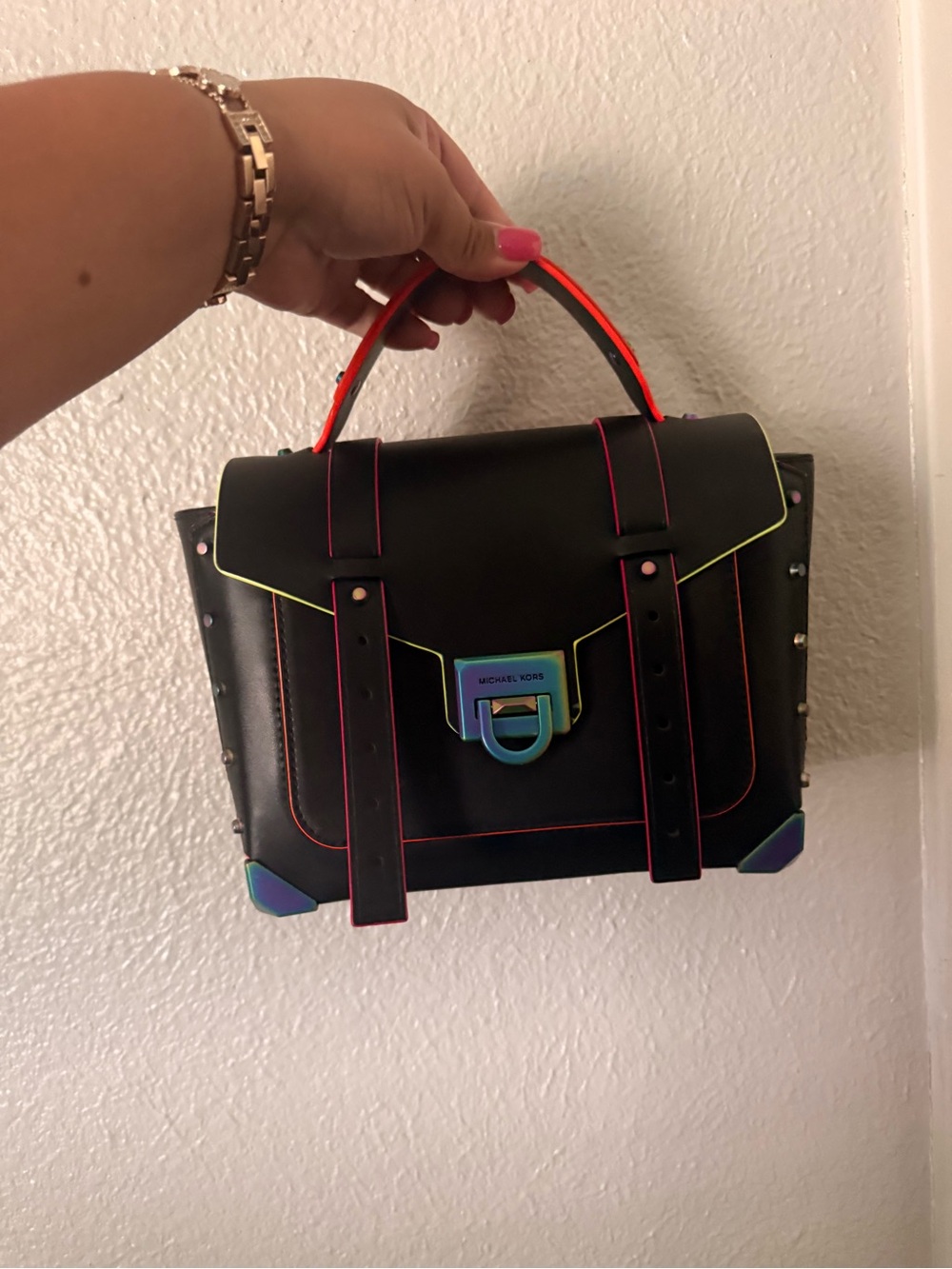 Michael Kors Black Satchel with Neon Accent Trim